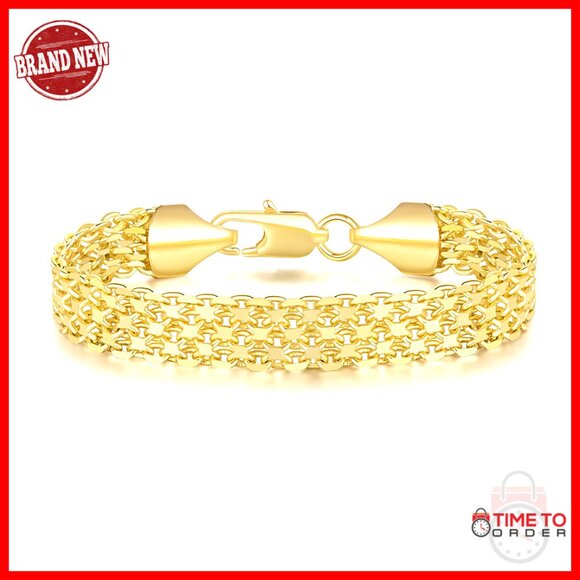 14K Gold Plated Wide Mesh Chain Bracelet Lobster Clasp Elegant Minimal